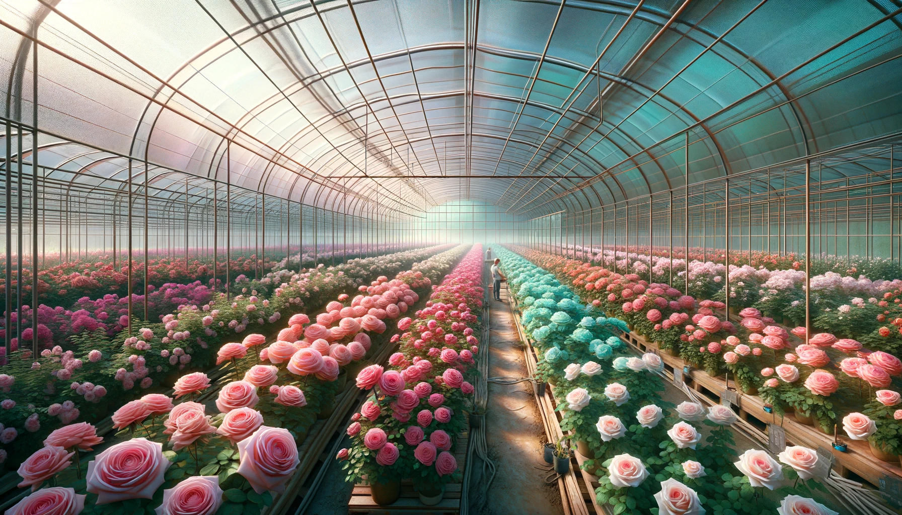 DALL·E 2024-05-27 13.00.51 - A realistic interior view of a plastic greenhouse filled with blooming roses. The primary colors are shades of pink and turquoise, with accents of whi