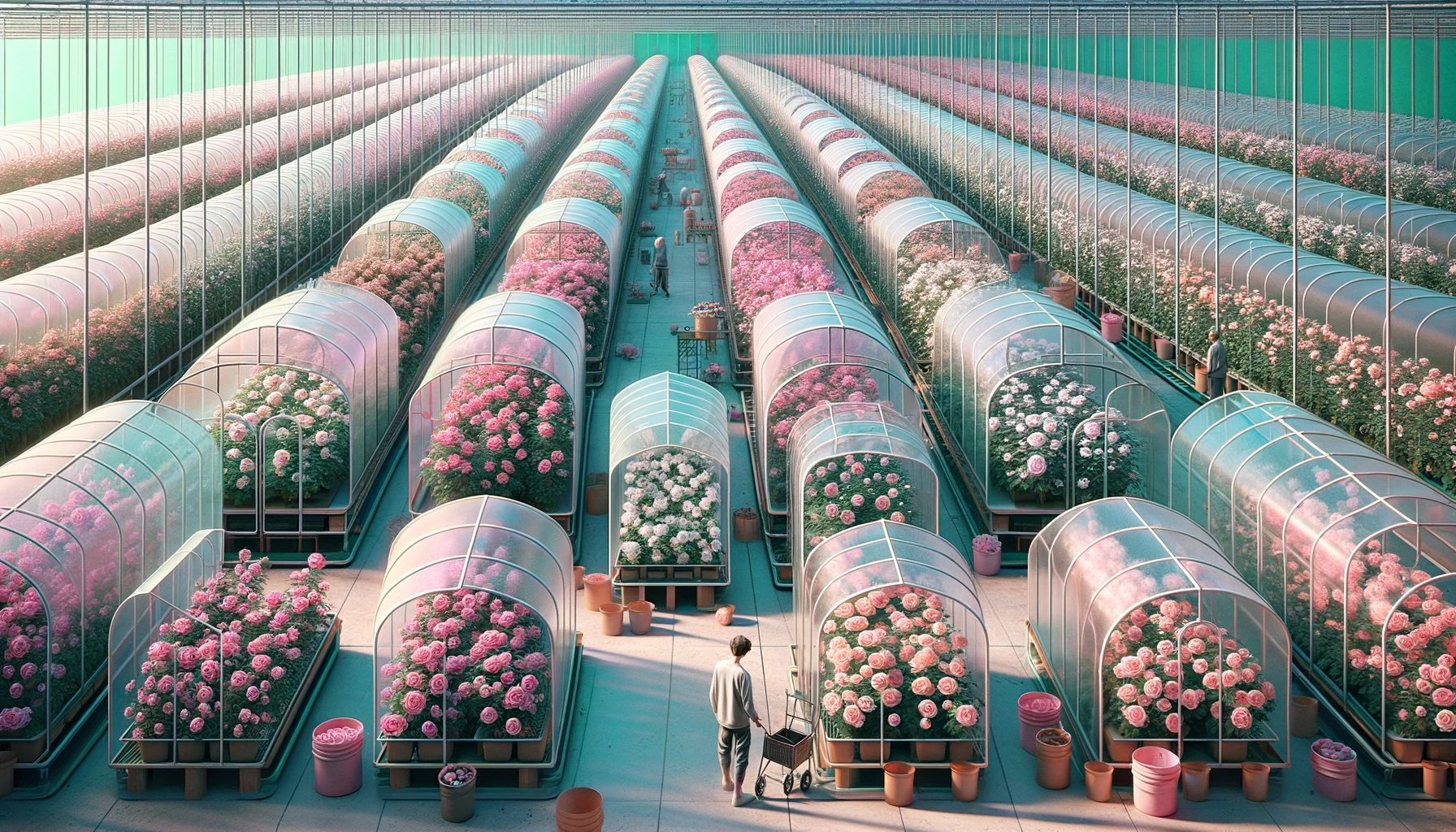 DALL·E 2024-05-27 13.00.54 - A realistic farm of roses inside smaller plastic greenhouses. The primary colors are shades of pink and turquoise, with accents of white and black. Th