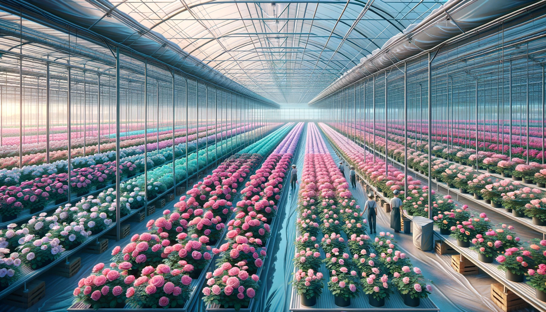 DALL·E 2024-05-27 13.00.57 - A realistic farm of roses inside plastic greenhouses. The primary colors are shades of pink and turquoise, with accents of white and black. The greenh